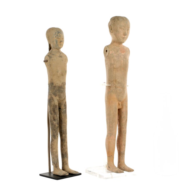 15th Century & Earlier Two Chinese Han Dynasty Tall Slender Terracotta Stick Man Figures For Sale - Image 5 of 8