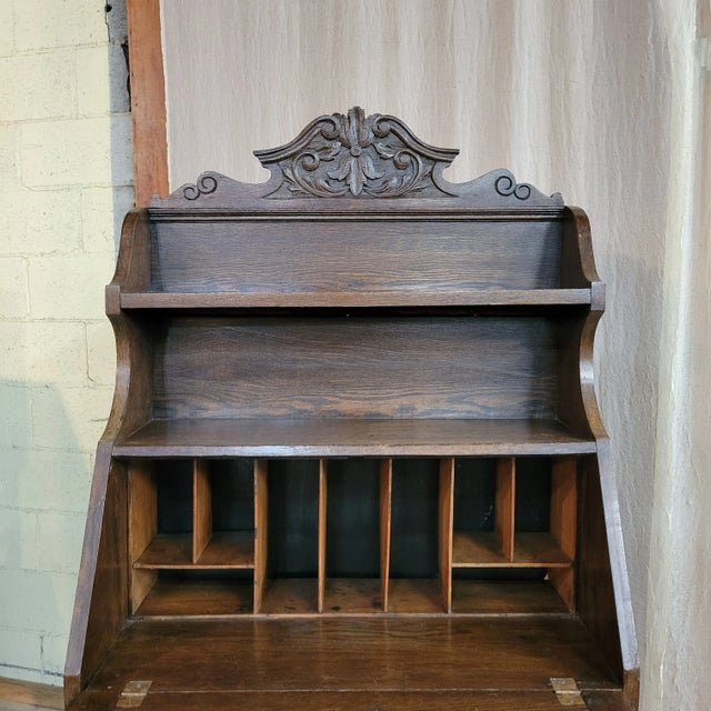 Late 19th Century English Antique Oak Carved Bureau Secretaire Bookcase For Sale - Image 5 of 12