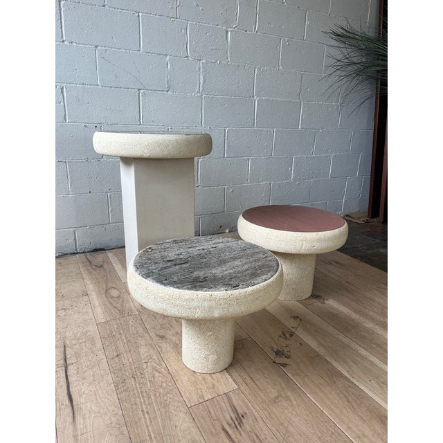 A striking set of three vintage Postmodern occasional tables, most likely made in the Philippines circa 1980s. The...
