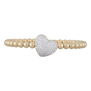 Tirisi 1.01ctw Pave Diamond Heart Bead Bangle Bracelet 18k Gold Magnetic Clasp For Sale