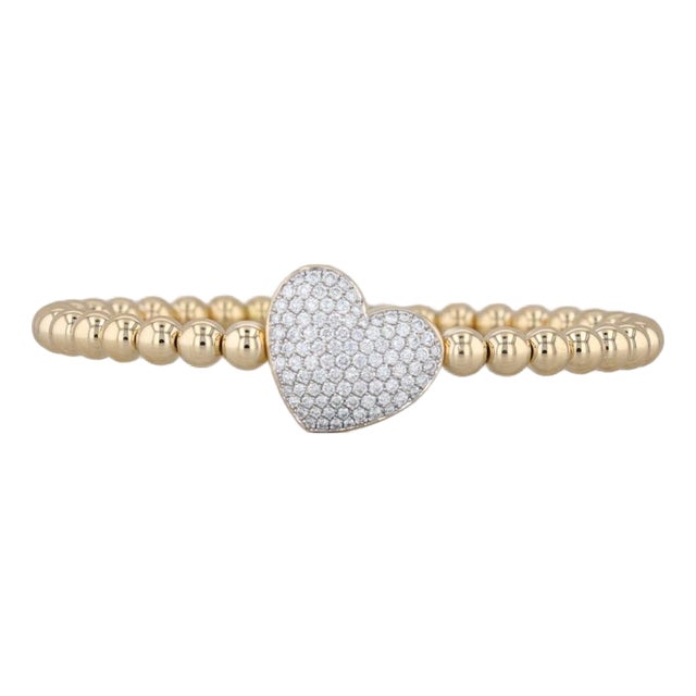 Tirisi 1.01ctw Pave Diamond Heart Bead Bangle Bracelet 18k Gold Magnetic Clasp For Sale