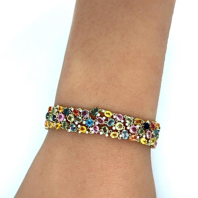 Multi-Colored Sapphire Diamond 14k Yellow Gold Flexible Bracelet For Sale - Image 4 of 4