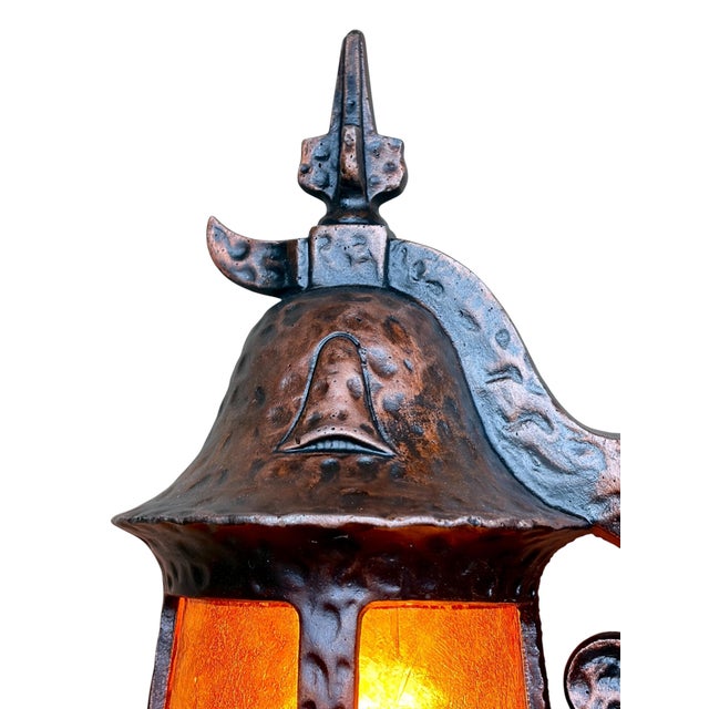1920s Storybook Outdoor Porch Light in Antique Copper Finish With Orange Mica Shade #2625 For Sale - Image 4 of 6