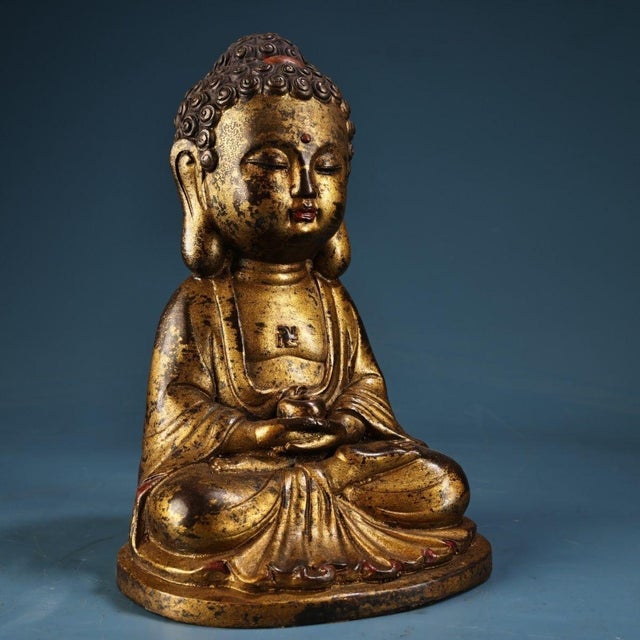 Chinese Antique Chinese Gilt Bronze Seated Buddha in Meditation Dhyana Mudra For Sale - Image 3 of 9