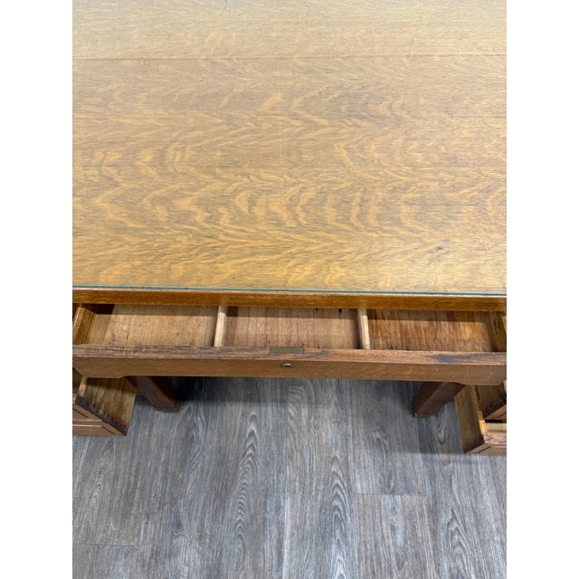 Antique American Arts & Crafts Mission Tiger Oak Executive Desk Partner Desk For Sale - Image 10 of 17