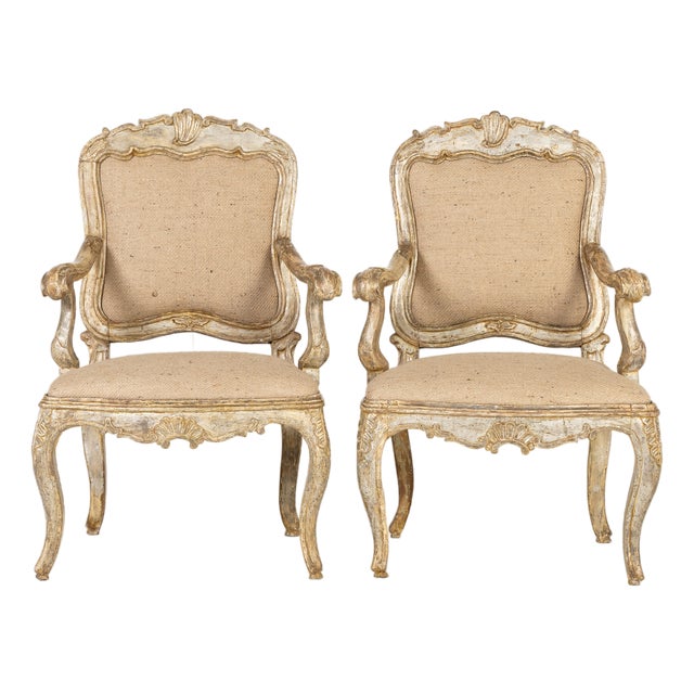 Large 18th Century Italian Silver Gilt Armchairs, Set of 2 For Sale