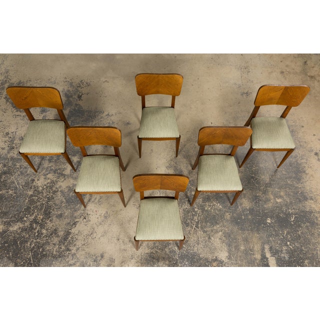 Set of Six French Art Deco Dining Chairs, Oak & Chenille, 1930s For Sale - Image 4 of 18