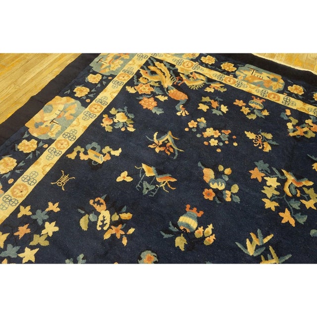 Navy Blue 1920s Navy Blue Floral Shou Deco Antique Chinese Peking Knotted Rug 8'2" X 9'10" For Sale - Image 8 of 9