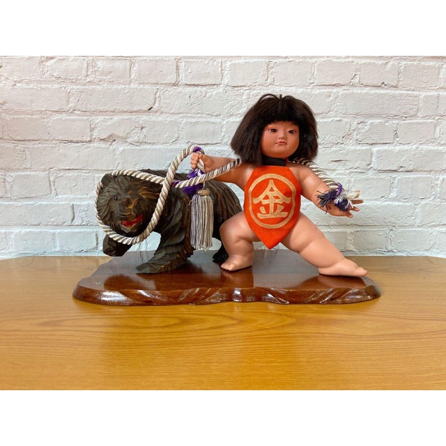 Vintage Japanese Kintarō Doll with Carved Wooden Bear, 1970s For Sale - Image 12 of 12