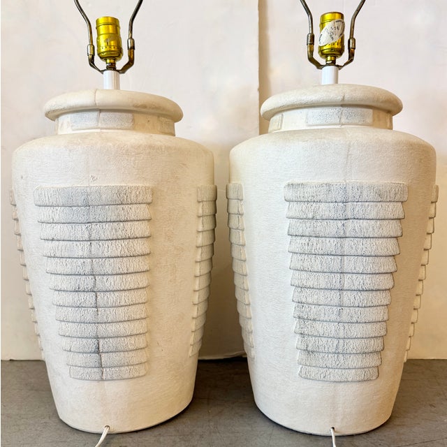 1980s Pair of Handmade Heavily Textured Plaster Table Lamps From 80's For Sale - Image 5 of 7