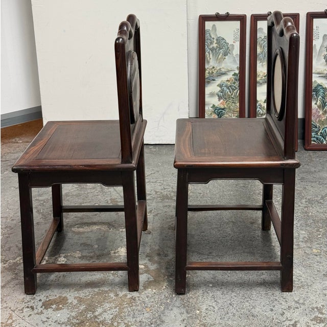 Antique Rosewood Chairs + Round Stone Inserts Side Chairs, Pair. For Sale - Image 4 of 12