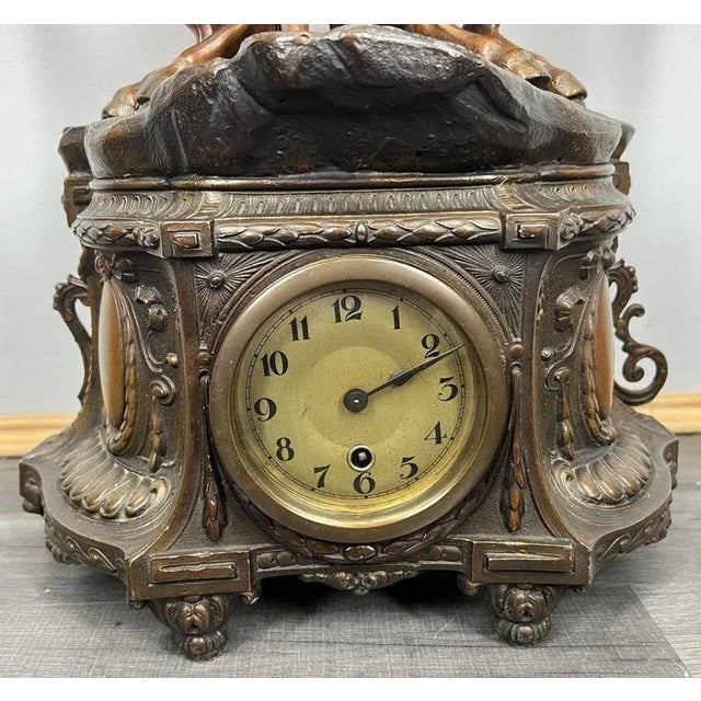 Vintage French Figural Mantel Clock Set in Metal with Horses and Chariot, Set of 3 For Sale - Image 4 of 15