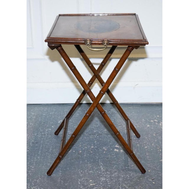 Victorian Double Sided Serving Tray on Bamboo Stand Brass Handles Marquetry Top For Sale - Image 15 of 18