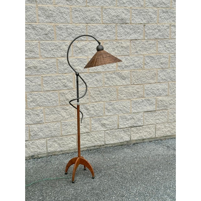 Gray Vintage Wicker and Iron Floor Lamp With Sculptural Curved Arm For Sale - Image 8 of 9