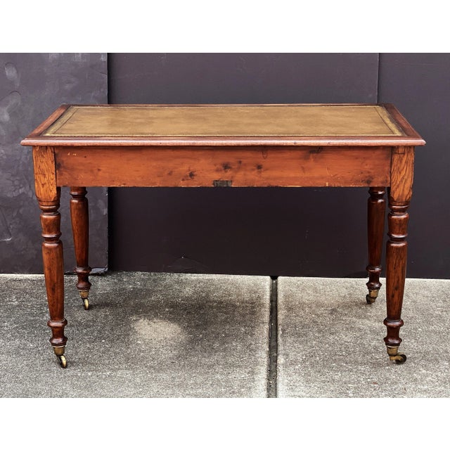 English Writing Table or Desk of Patinated Oak With Embossed Leather Top For Sale - Image 4 of 12