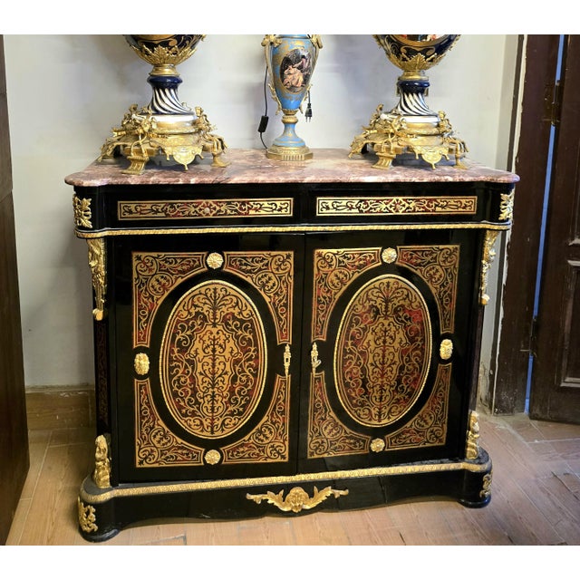 Gothic Gothic Revival Display Cabinet – Ornate Black Finish, Marble Top & Gold Leaf Accents For Sale - Image 3 of 3