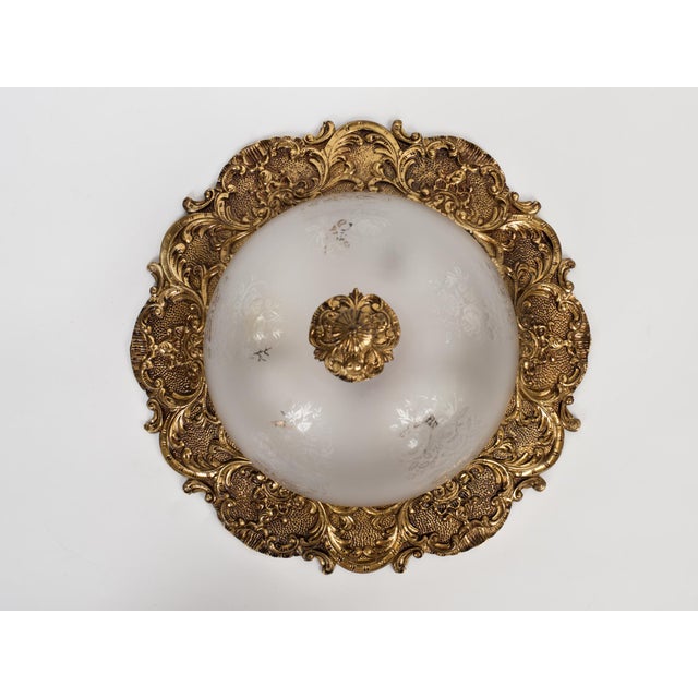 1950s Spanish Rococo Heavy Sand-Cast Bronze Flush Mount Ceiling Light With Etched Frosted Glass Dome For Sale - Image 4 of 12