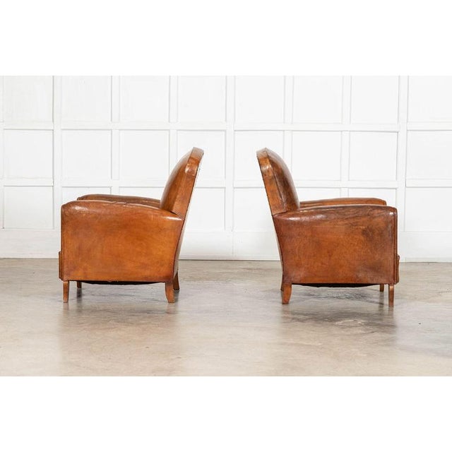 English Tan Leather Club Armchairs, 1920, Set of 2 For Sale - Image 3 of 17