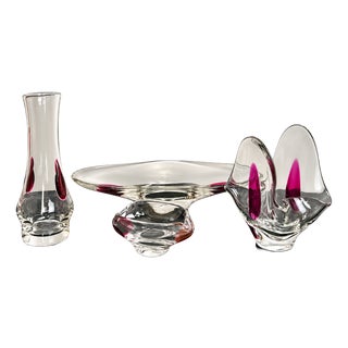Mid-Century Art Glass Vase, Bowl, Ashtray and Basket by Jaroslav Taraba for Lednické Rovne, 1970s, Set of 4 For Sale
