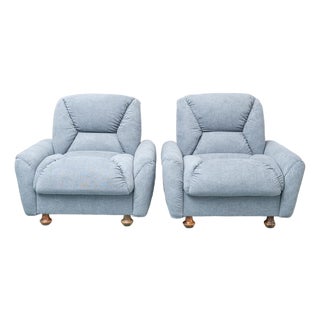 Armchairs in Blue Fabric and Wooden Legs, 1950s, Set of 2 For Sale
