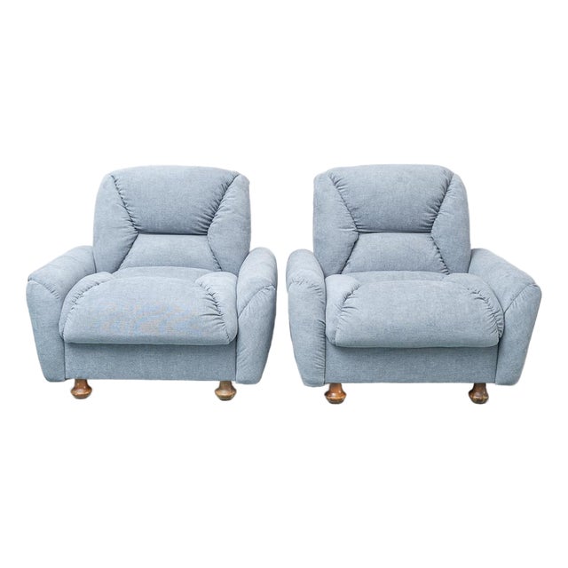Armchairs in Blue Fabric and Wooden Legs, 1950s, Set of 2 For Sale