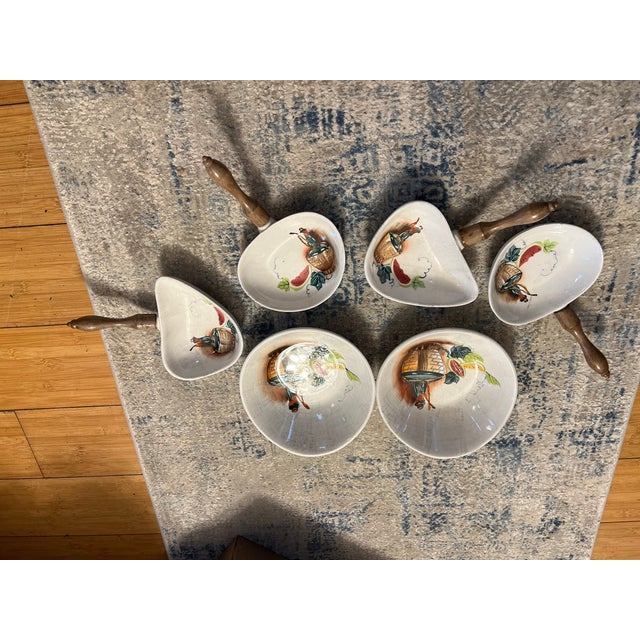 Mid-Century Modern Porcelain Skillet, Dipping Dish, Vintage Appetizer Set With Wooden Handles- Set of 6 For Sale - Image 3 of 9