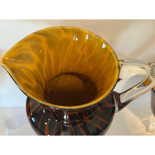 Tan Vintage Handcrafted Art Heavy Glass Murano Style Leopard Pitcher With 4 Goblets For Sale - Image 8 of 12