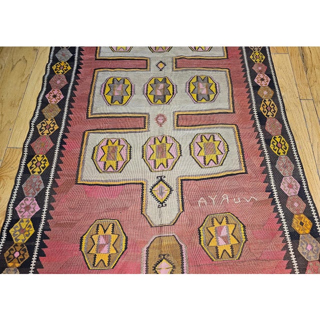 Vintage Anatolian Turkish Kilim Gallery Rug, Flat-Woven Geometric Pattern, Pink & Yellow, 5x13 For Sale - Image 9 of 14
