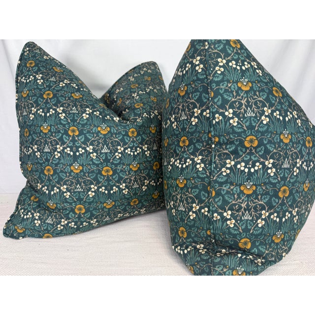 Transitional Morris & Co. "Eyebright" in Teal 22" Pillows-A Pair For Sale - Image 3 of 3