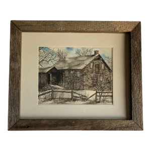 1980s Original Framed Watercolor of an Old Stone Mill House