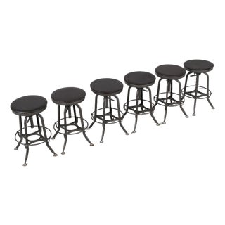 Set of 6 Restoration Hardware Adjustable Toledo Leather Seat Stools For Sale