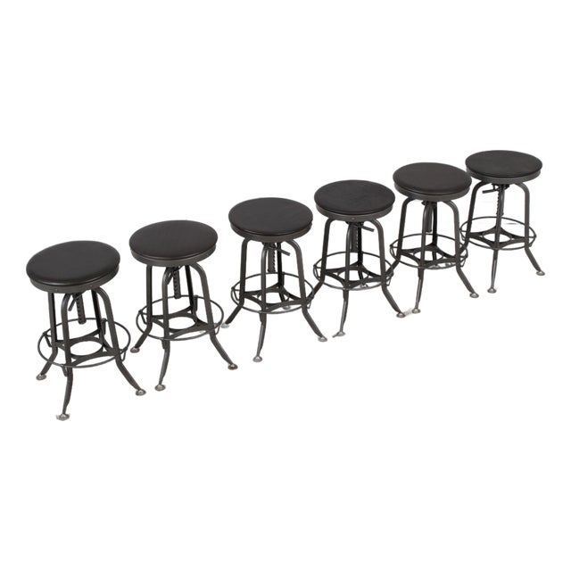 Set of 6 Restoration Hardware Adjustable Toledo Leather Seat Stools For Sale