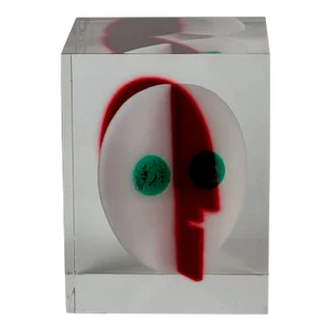1970's Lucite Art Cube Sculpture With Floating Abstract Head With Green Eyes
