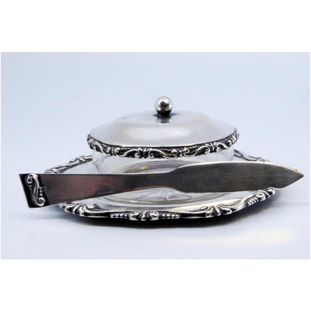Butter Dish in Embossed Silver with Cut Glass Core, Knob Lid and Knife, in Very Good conditions. Designed 1920 to 1949...