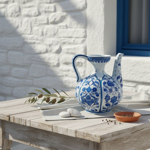 2020s Handmade Ceramic Ewer Pitcher (20cm) Classic Blue and White Floral For Sale - Image 5 of 11