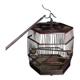 Vintage Chinese Huali Rosewood Hexagonal Bird Cage With Matching 60cm Wooden Pole For Sale
