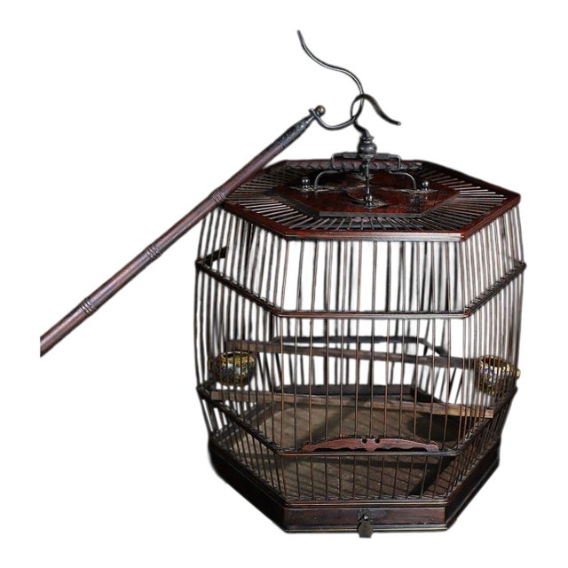 Vintage Chinese Huali Rosewood Hexagonal Bird Cage With Matching 60cm Wooden Pole For Sale