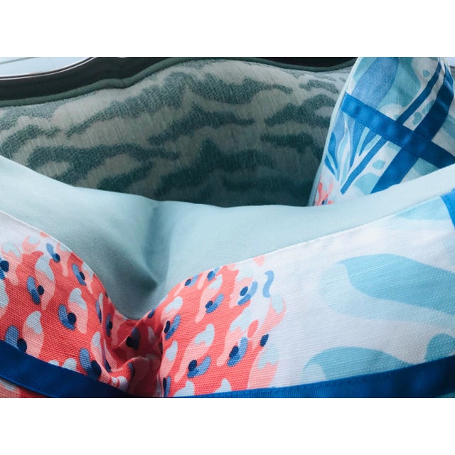 Modern Contemporary Thibaut Triverton Floral Linen Pillow Covers in Coral Royal Blue Aqua - a Pair For Sale - Image 3 of 7