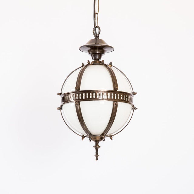 3pc Set Vintage Art Deco Old Fixture Ceiling Brass Hanging Pendant Light Milk Glass Shade Lamp For Sale - Image 4 of 5