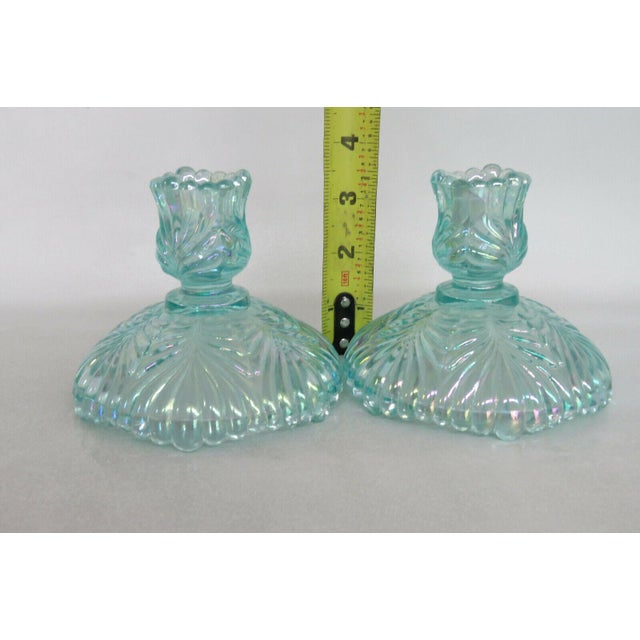 Fenton Leaf Turquoise Iridescent Glass Votive Candle Stick Holders a Pair Chairish