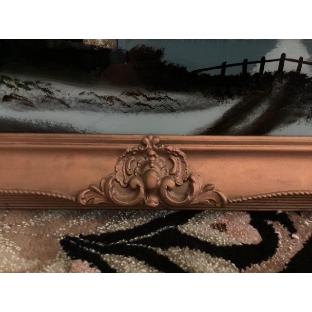 Antique Large Fancy Frame Reverse Painted Picture Catholic Church 47.25” X 19.25 Lovely Evening Moonshine Off Lake For Sale - Image 13 of 17