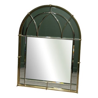 Vintage Brass Arched Cathedral Bevelled Glass Wall Mirror, 1970s For Sale