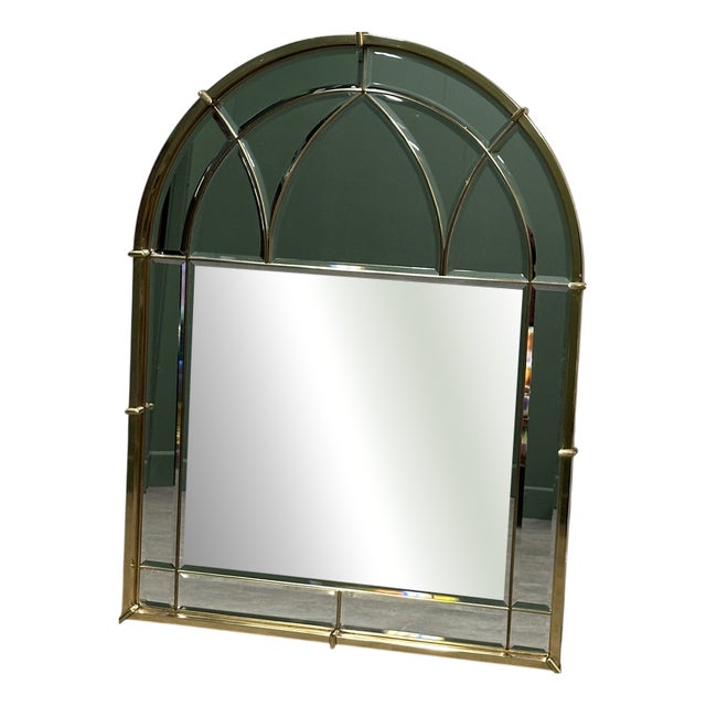 Vintage Brass Arched Cathedral Bevelled Glass Wall Mirror, 1970s For Sale