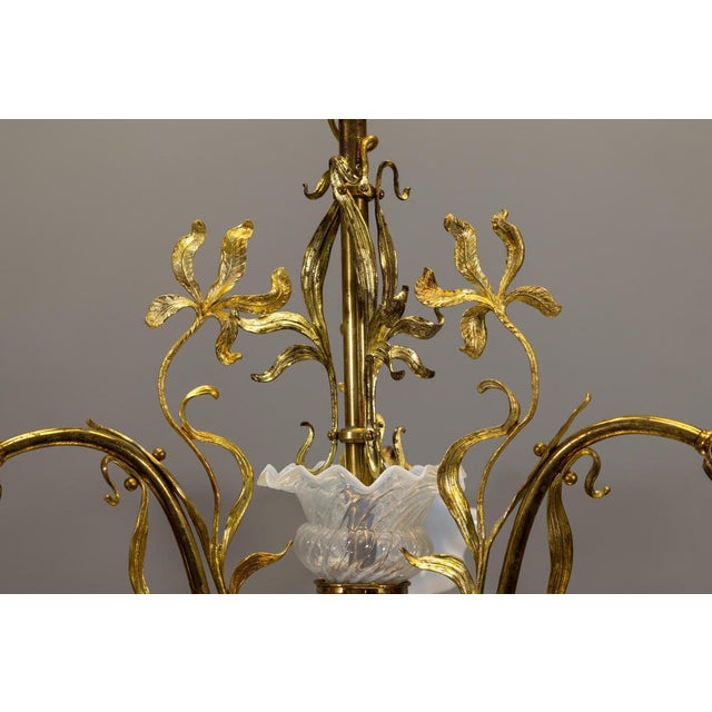 French Art Nouveau Opalescent Glass & Bronze Floral Chandelier, 1920 For Sale - Image 14 of 18