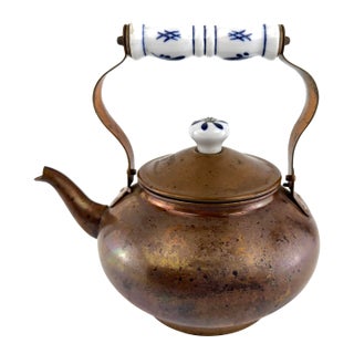 Antique Style Copper Tea Kettle With Blue & White Porcelain Handle For Sale