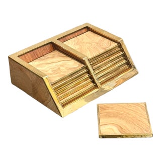 Signed Karl Springer Marble and Brass Coasters With Caddy For Sale