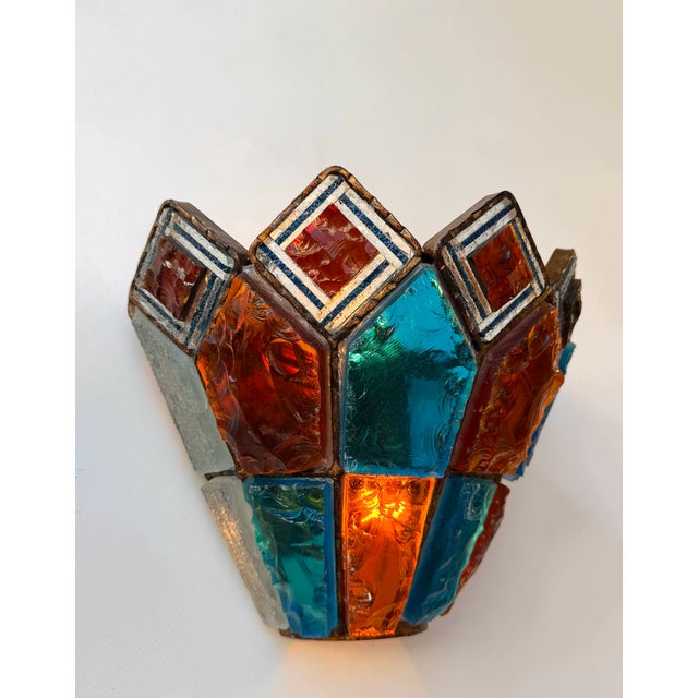 Pair of Mid-Century Modern wall lamps light lighting sconces amber and blue hammered glass and wrought iron with gilt gold...