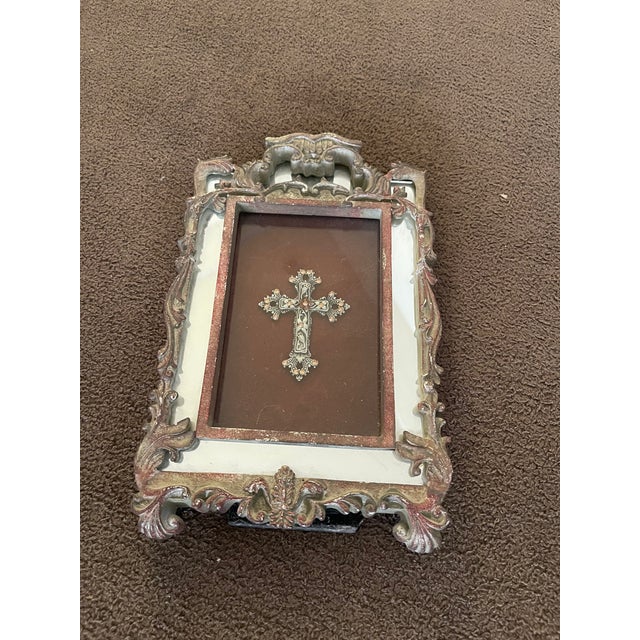 Mirrored shadow box with ornate cross. Free standing. This cross sat on a table top in our San Fe, Mexico family home....
