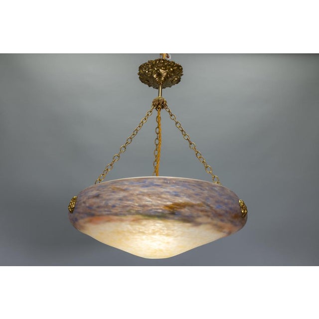 Art Nouveau Violet and Amber Glass and Brass Pendant Light, France, 1920 For Sale - Image 12 of 18