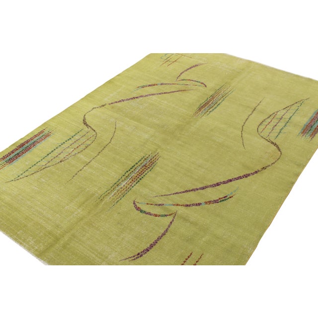 Mid-Century Modern 1960s Vintage Art Deco Rug in Distressed Green, Purple, Geometric Pattern For Sale - Image 3 of 6